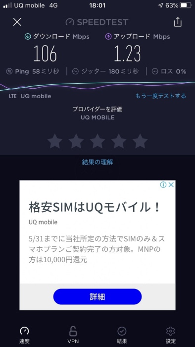 UQモバイル　速度測定　夕方